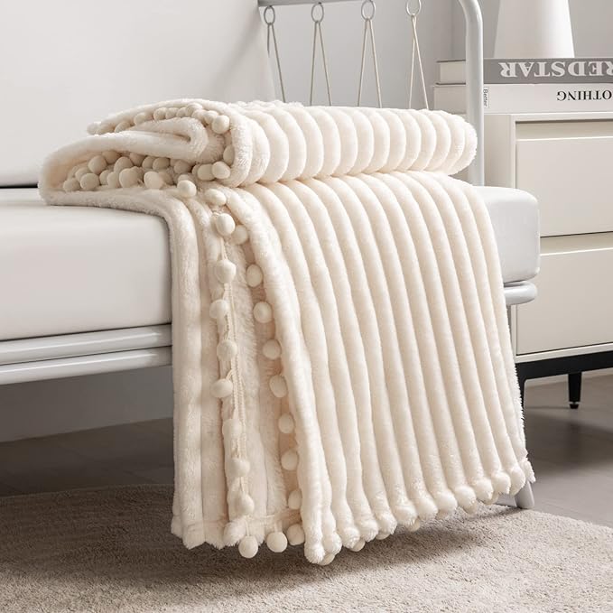 DISSA Fleece Blanket Queen Size – 90x90, Beige - Soft, Plush, Fluffy, Fuzzy, Warm, Cozy – Perfect Throw for Couch, Bed, Sofa - with Pompom Fringe - Flannel Blanket