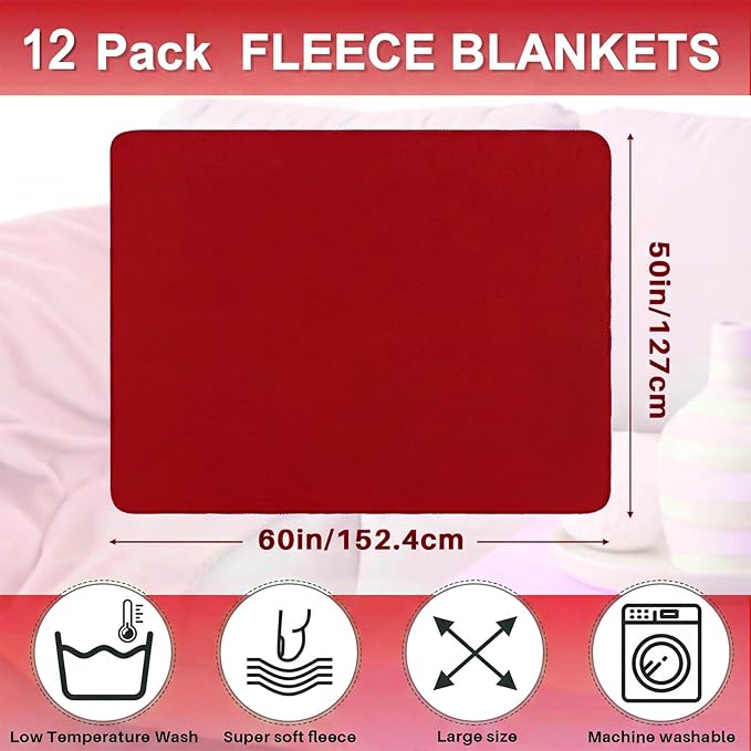 Newwiee 12 Pcs Fleece Throw Blankets Bulk 50'' x 60'' Oeko-tex Standard 100 Certified Spring Outdoor Wedding Guest Blankets Lightweight for Sleepover Donation Lap Pet Sofa Home (Red)