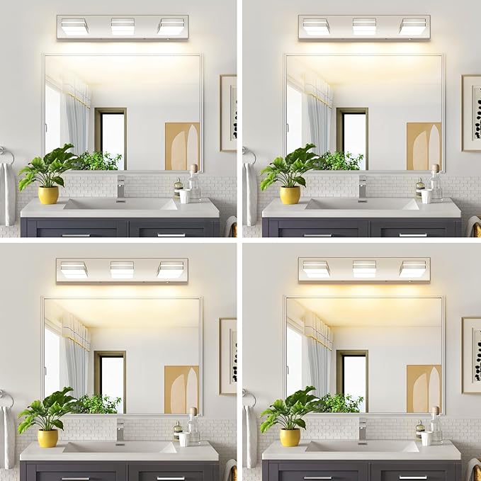Bathroom Vanity Lighting Fixtures Over Mirror (3-Light, 24-Inch) Dimmable Modern LED Bathroom Wall Lighting Fixtures, Chrome (3000K/3500K/4000K/5000K/6000K)