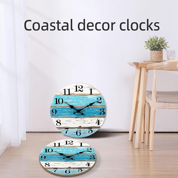 CHYLIN Wall Clock, Beach Themed Blue Wall Clocks Battery Operated Silent Non-Ticking, 8 Inch Vintage Rustic Coastal Nautical Clock Decorative for Kitchen Office Bathroom Bedroom 8