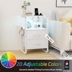 LED Nightstand, White Night Stand with Charger Station, Bed Side Table with Storage, Bedside Table with Drawers & Hooks, End Table with USB Ports & Outlets, Night Table for Living Room, Dorm