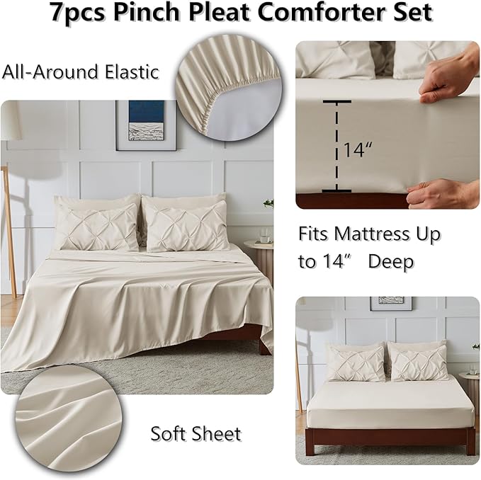 CozyLux Queen Comforter Set Beige, 7 Pieces Pintuck Bed in A Bag, Premium Beige Comforter Queen Size, Pinch Pleat Bedding Sets with Comforter, Sheets, Pillowcases & Shams