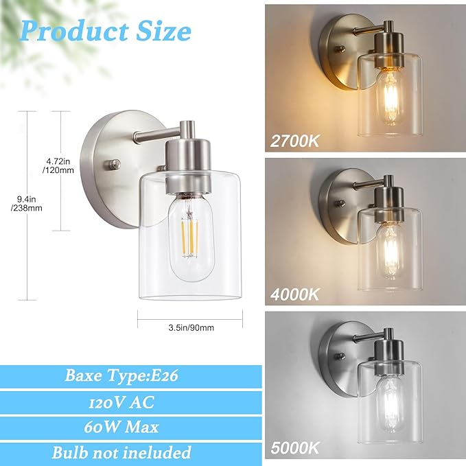1-Light Bathroom Wall Sconce, Brushed Nickel Vanity Light, Modern Wall Light Fixture with Clear Glass Shade and Moisture and Rust Prevention, Wall Mount Light Fixtures for Mirror, Bedroom, Hallway