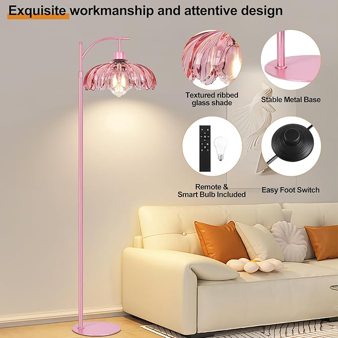 Pink Floor Lamp for Living Room,Bedroom,Glass Dimmable Standing Lamp with Remote,Gold Mid Century Modern Brass Tall Lamp Boho Floor Lamps Arc Stained Flower Floor Light Lamp Girls kids Bohemian