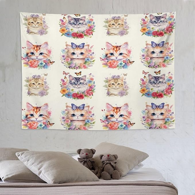VUMIVI Watercolor Flower Cat Tapestry Colorful Cartoon Cute Animals Butterflies Abstract Art Print Tapestry Wall Hanging for Living Room Bedroom Dorm Classroom Aesthetic Decor W80xL60in