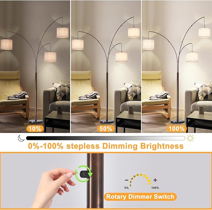 DLLT Modern Floor Lamp for Room: 3-Light Brown Tree Dimmable Floor Lamps with Beige Shades for Living Room - Arc Standing Lamp for Bedroom - Tall Floor Lamp for Office Corner 3 LED Bulbs Included