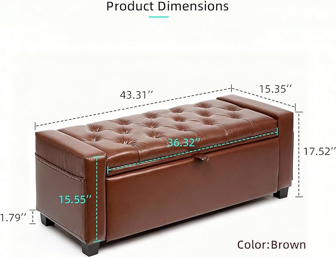 43.31'' Storage Ottoman Bench, Upholstered Tufted Bedroom Bench with Storage, End of Bed Storage Bench for Living Room & Entryway, 350 lb Capacity, Leather Brown