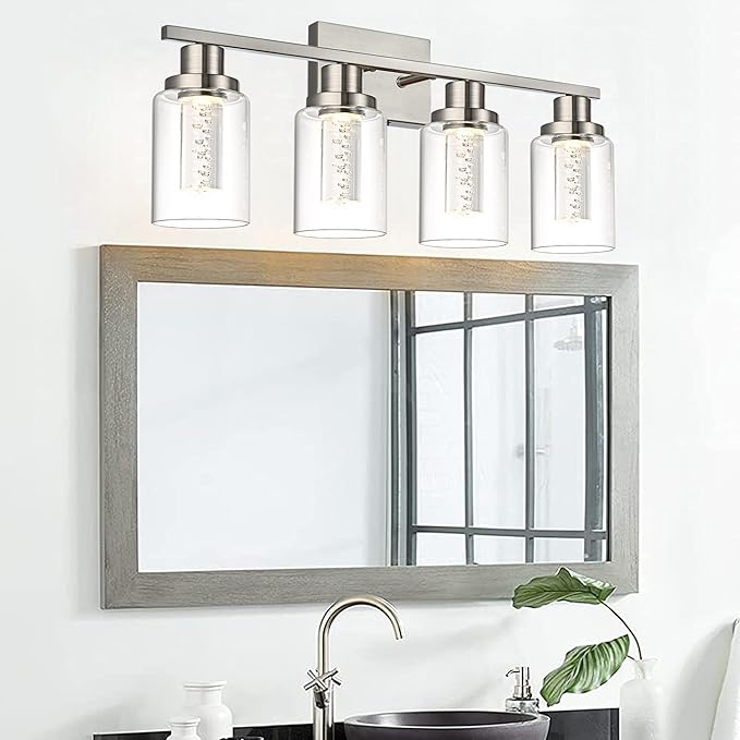 MELUCEE 4-Light LED Bathroom Lighting Fixtures Brushed Nickel, Dimmable LED Vanity Light for Bathroom 3000K-6000K Bathroom Wall Lights with Crystal Bubble Clear Glass Shade, Built-in LED Chips