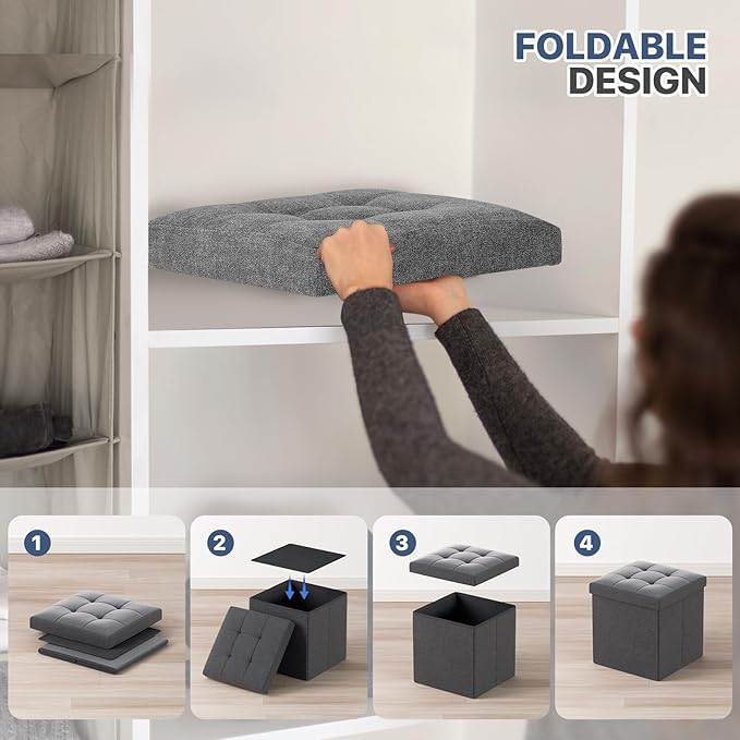 MoNiBloom 15 Inches Storage Ottoman Cube, Folding Square Foot Rest Stool, Small Ottoman Footrest with Storage for Living Room, Bedroom, Entryway, Dark Gray