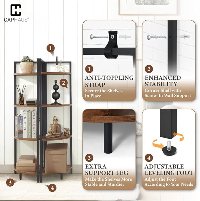 CAPHAUS 4 Tier Corner Shelf, 46.5-Inch Tall Bookshelf, Display Rack With Metal Frame, Round Shelf Unit, Small Stand for Bathroom, Living Room, Home, Office, Rustic Oak