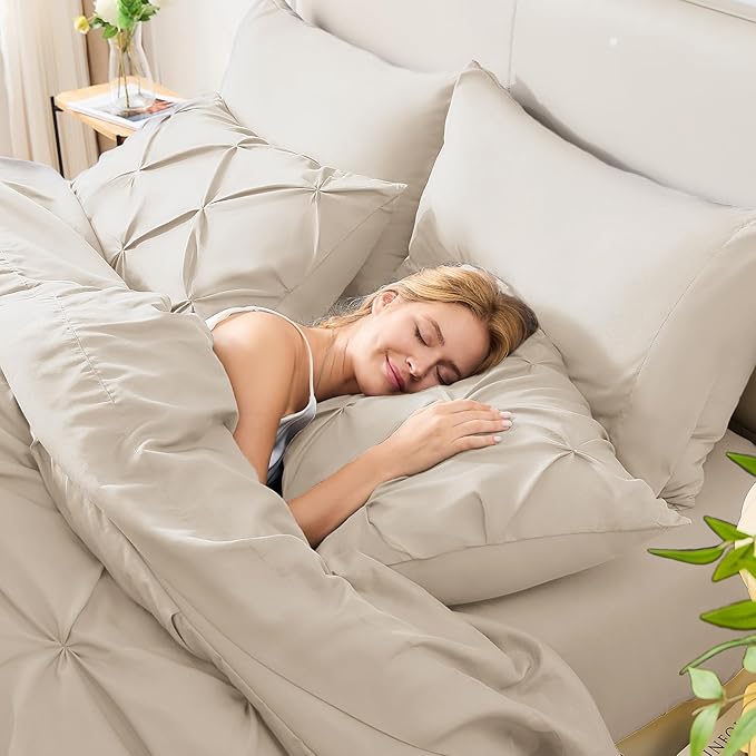 CozyLux Oversized King Comforter Sets Beige, 7 Pieces Oversized King Pintuck Bed in A Bag, Pinch Pleat Bedding Sets with All Season Comforter, Flat Sheet, Fitted Sheet, Pillowcases & Shams