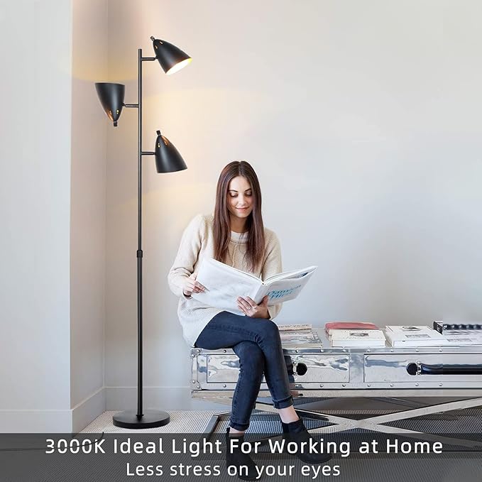 Tree Floor Lamp for Living Room, Industrial 3-Light Standing Lamp with 3 LED Bulbs, Adjustable Rotation Heads, Standing Tall Pole Lamp Farmhouse Rustic Reading Lamps for Bedroom Office (Black)