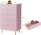 GarveeHome 5 Drawer Dresser for Bedroom, Modern Pink Dresser with Gold Handle and Large Drawer, Wood Double Chest of Drawers and Storage Organizer for Living Room, Hallway, Entryway