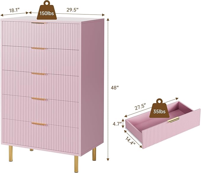 GarveeHome 5 Drawer Dresser for Bedroom, Modern Pink Dresser with Gold Handle and Large Drawer, Wood Double Chest of Drawers and Storage Organizer for Living Room, Hallway, Entryway