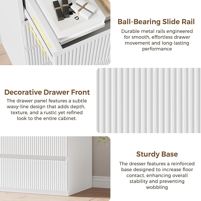 Modern 5 Drawer Dresser, 43" Tall Dressers for Bedroom, Fluted Dresser with Hidden Handle Design, Wood Mid Century Vertical Dresser Natural Texture for Bedroom, White Dresser