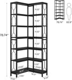 Tribesigns Corner Shelf, 7-Tier Industrial Corner Bookshelf, Wood and Metal Corner Etagere Bookcase, Freestanding Display Shelf for Living Room, Kitchen, Home Office, All Black