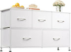 WLIVE Dresser for Bedroom with 5 Drawers, Wide Chest of Drawers, Fabric Dresser, Storage Organization Unit with Fabric Bins for Closet, Living Room, Hallway, White