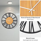 24'' Extra Large Farmhouse Wall Clock, Vintage Wall Clock with Metal Frame for Living Room, Dining Room, Bedroom, Office Decor. (Wooden Centre)
