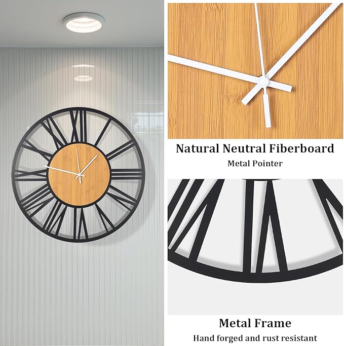 24'' Extra Large Farmhouse Wall Clock, Vintage Wall Clock with Metal Frame for Living Room, Dining Room, Bedroom, Office Decor. (Wooden Centre)