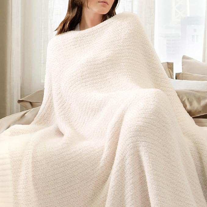 Snuggle Sac Heather Throw Blanket for Couch, Reversible Super Soft Blankets Warm Cozy Knit Fuzzy Plush Lightweight for Sofa, Bed, Camping, Picnic (Heather Ivory, Throw-XL(50"x 70"))