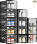 12 Packs Clear Plastic Shoebox With Magnetic Door, X-Large(15"× 13.2" × 5.6") Stackable Shoe Box Storage With Lids, Multifunctional Sneaker Containers, Toy Storage, Space-Saving Shoe Rack Black