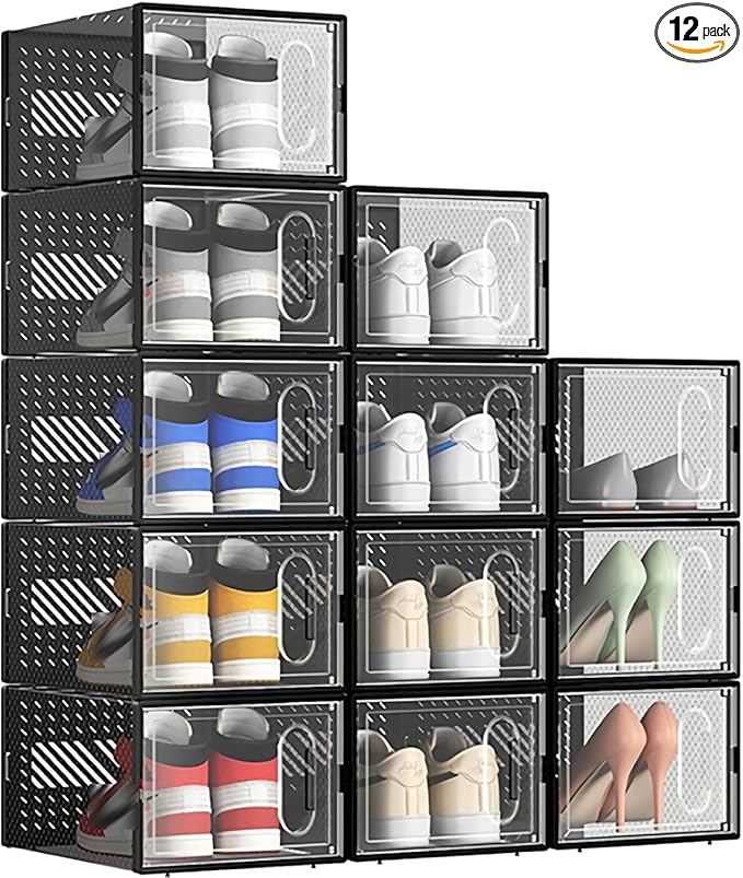 12 Packs Clear Plastic Shoebox With Magnetic Door, X-Large(15"× 13.2" × 5.6") Stackable Shoe Box Storage With Lids, Multifunctional Sneaker Containers, Toy Storage, Space-Saving Shoe Rack Black