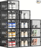 12 Packs Clear Plastic Shoebox With Magnetic Door, Large(13" × 9" × 5.6") Stackable Shoe Box Storage With Lids, Multifunctional Sneaker Containers, Toy Storage, Space-Saving Shoe Rack Black