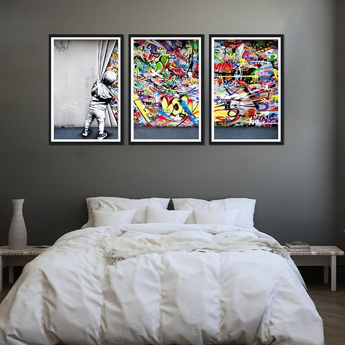 Novatique Graffiti Canvas Wall Art Pop Art Wall Decor Behind the Curtain With Framed Graffiti Poster Artwork for Living Room Office,24" x 36" x 3pcs