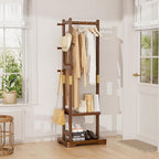 Solid Wood Clothes Rack Coat Rack with 2 Shelves & 4 Hooks for Hanging Clothes Garment Wallets Hats, Clothing Rack Coat Rack Freestanding Hall Tree with Storage for Hallway Bedroom Living Room