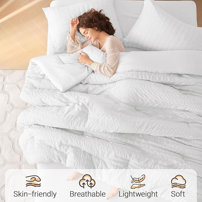 MUXHOMO 7 Pieces King Comforter Set, Seersucker Bed in a Bag King Size, All Season Luxury Bedding Set with Comforter, Flat Sheet, Fitted Sheet, Pillowcases & Shams, White