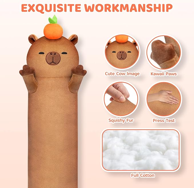 Mewaii Long Capybara Plush 5 Sizes, 120% Extra Filling Giant Plushness Kids Body Pillow, Kawaii Cute Capybara Stuffed Animals Plushies, Big Long Body Pillow Cat Plush Gift for Girls 44”