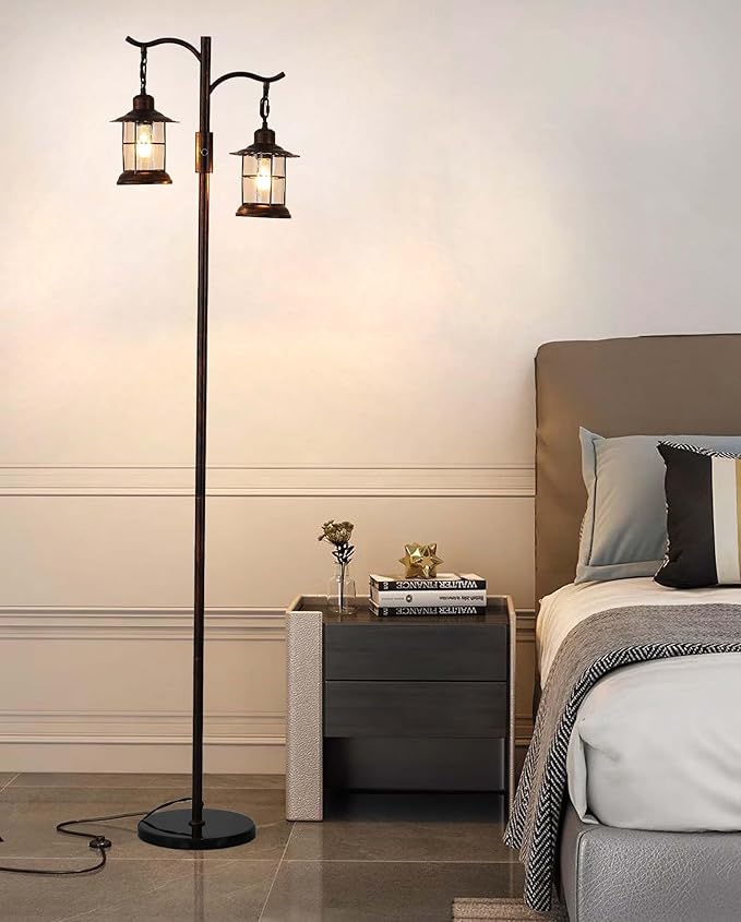 Industrial,Vintage Dimmable Floor Lamp,2 Classical Lanterns Standing Lamp, Rustic Farmhouse Floor Lamp with Bronze Gold Finish, for Living Room Bedroom (Red Copper-B-Style)