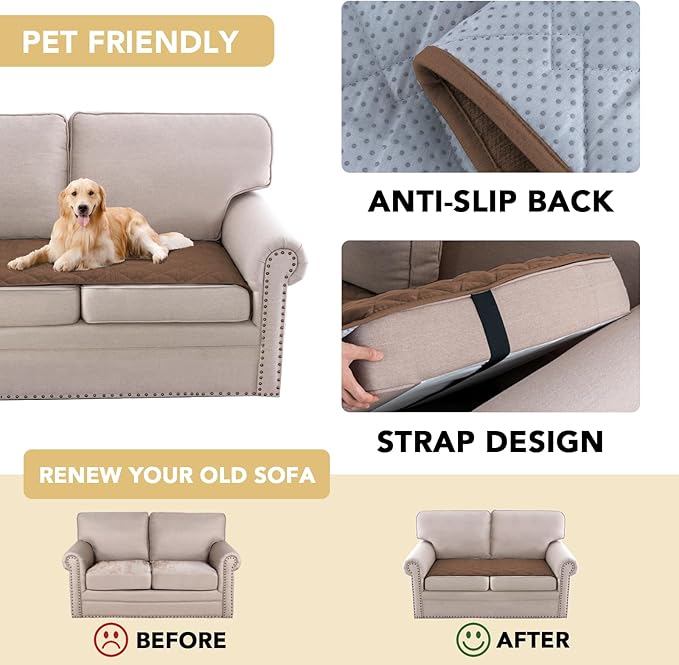 H.VERSAILTEX Couch Cover Chenille Pet Fuzzy Sofa Covers for 2 Cushion Couch Anti Slip Washable Sofa Slipcovers with Strap Soft Couch Protector Cover for Dogs Cats Kids(27.6" x 59",Coco Mocha)