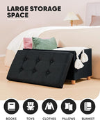 B FSOBEIIALEO Storage Ottoman with Tray, Foot Stools and Ottomans with Legs, Storage Cube Seat Linen Black 30"