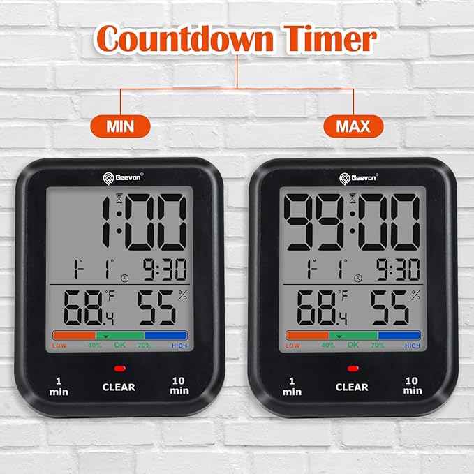 Geevon Digital Bathroom Clock, Waterproof Shower Timer with Large Touch Screen, Battery Operated Bathroom Wall Clock with Temperature & Humidity Display - Suction Cup/Hanging Hole/Stand (Black)