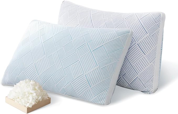 Shredded Memory Foam Cooling Soft Bamboo Viscose Pillows Queen Size Set of 2, Adjustable Hypoallergenic Hotel Quality Bed Pillows for Side, Stomach or Back Sleeper, Oeko-TEX Certified