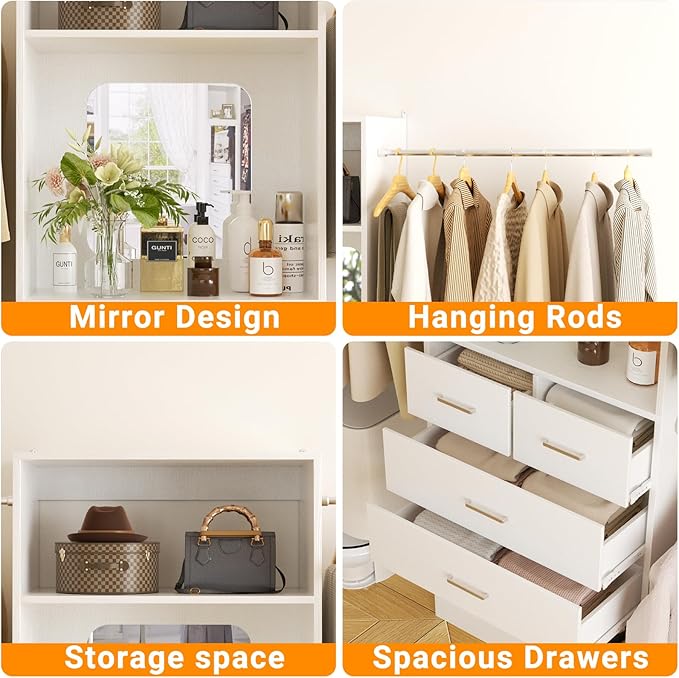 Unikito Closet Systems, 6-14FT Walk in Closet Organizer with 8 Drawers and Mirror, 168" Large Wood Closets Insert with Tower, Sturdy Wardrobe Closets Garment Rack with Extendable Hanging Rods, White