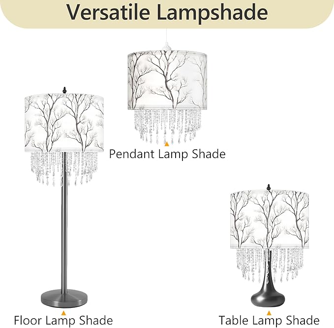 Winter Tree Branch Lamp Shade with Acrylic Bead Droplets, Branch Drum Fabric Light Shade for Pendant Table & Floor Lamp, Traditional Mordern Decor, 15.7in