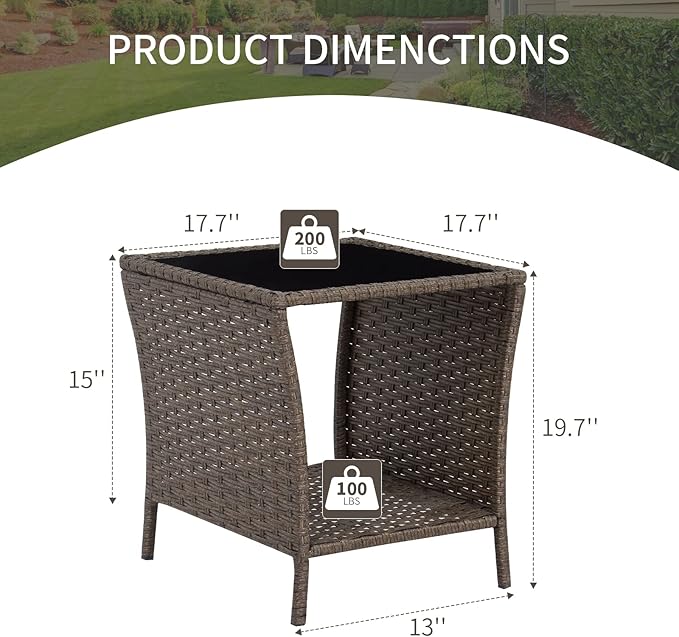 Outdoor Side Table Wicker Rattan Side Tables, End Table for Patio with Glass Top Rattan Storage for Patio Courtyard Balcony