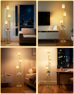 Lightdot Gold Dimmable Floor Lamp with Shelf, Modern Floor Lamps with Oval Striped Lampshade 3000K Bulb Included 3-Lights Candle Holder Style Tall Lamp for Living Room/Bedroom/Sofa Beside/Corner Decor