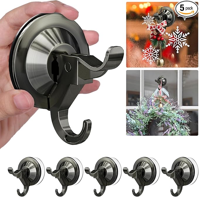 Suction Cup Hooks,5 Pack Reusable Suction Cup Hangers with Ultra-Thin Adhesive Disc on Smooth/Uneven Surfaces,Removable Large Suction Cups For Bathroom,Glass,Door,Windows,Kitchen (Vintage Copper)