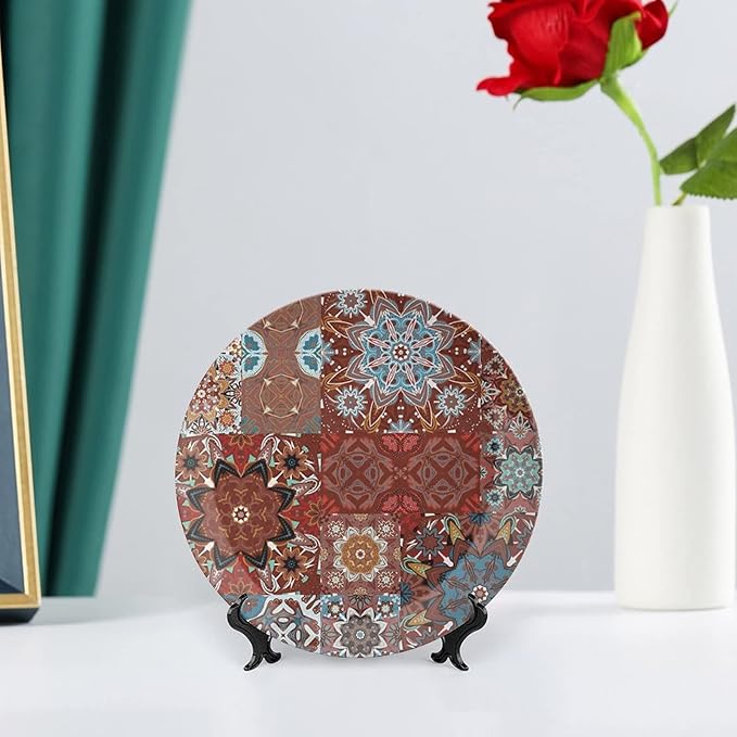 XISUNYA 10 Inch Decorative Plate, Mandala Porcelain Plate, Classic Victorian Floral Authentic Motives Tribal Print Ornament Display Plate Handmade Plate Wedding Gifts, Multicolor