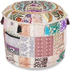 Aakriti Gallery Indian Pouf Footstool Ethnic Embroidered Pouf Cover, Indian Cotton Round Pouffe Ottoman Pouf Cover Pillow Ethnic Decor Art - Cover Only (White, 22x14)