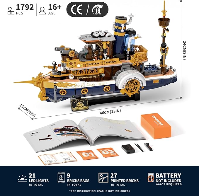 Steampunk Steamship Lighting Building Bricks Set - Steamboat Model Pirate Ship Destroyer Playset Collection Display kit with Minifigures 1792 Pcs for Adults & Teens & Steampunk Lovers