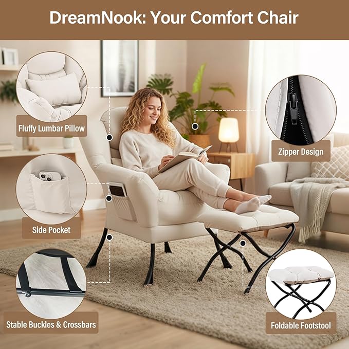 Lazy Chair with Ottoman, Modern Accent Chair with Lumbar Pillow, Beige Sofa, Lounge Chairs with Folding Footrest, Oversized Supportive Chairs for Bedroom, Reading