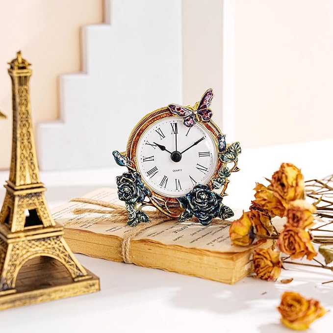 Mini Tabletop Clock, Decorative Vintage Floral Metal Table Clock with Battery Operated for Bedside, Table, Living Room, Home and Office