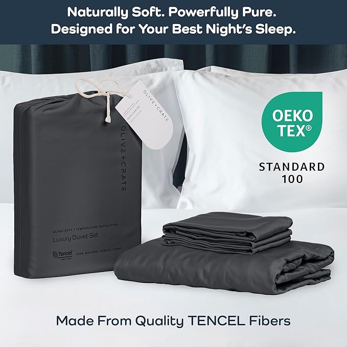 Olive + Crate Tencel Eucalyptus Cooling Duvet Cover Set - Hypoallergenic, Lyocell Tencel Duvet Cover - Soft, Temperature Regulating with Hidden Button Closure & Corner Ties - Twin XL [Charcoal]