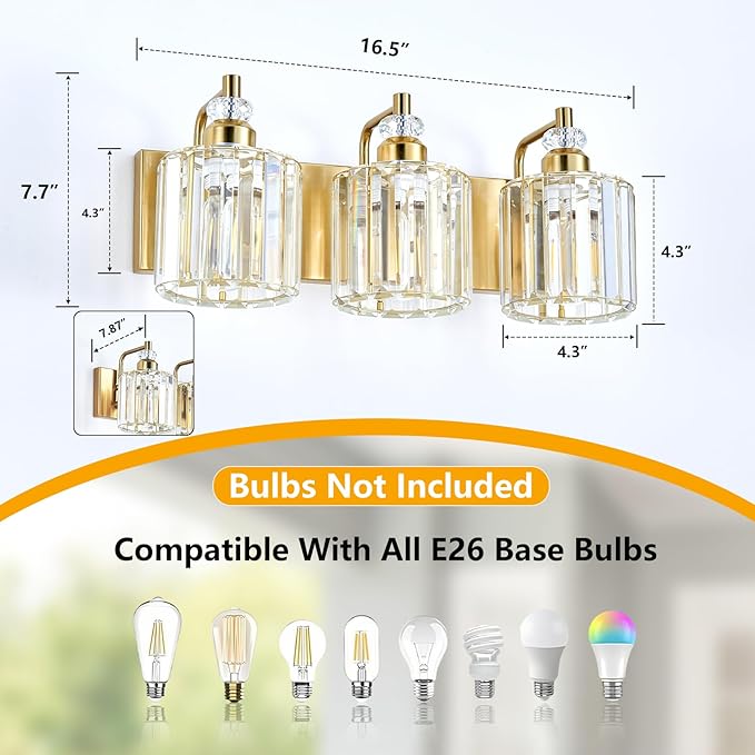 3-Light Modern Gold Bathroom Vanity Lights Brushed Brass Lighting Fixtures Over Mirror, Bathroom Vanity Lighting with Crystal Shade Wall Sconce E26 Base for Bedroom Livingroom Restroom Wall Lamp