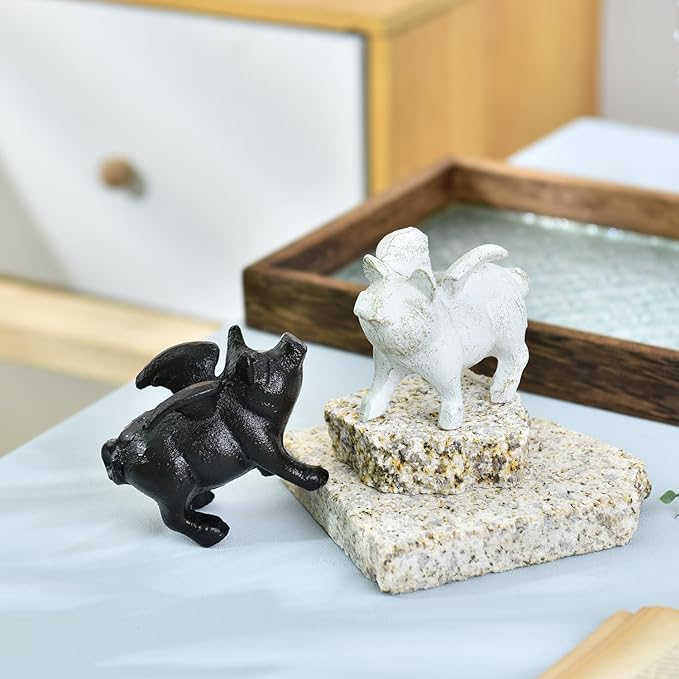 Sungmor Whimsical Cast Iron Flying Pig Statue, 2pcs Rustic Black Cute Little Piggy Paperweight, Garden Collection Figurine Home Office Desk Ornament, Indoor Outdoor Animal Statues