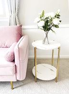 Gold End Table Faux Marble Side Table Small Round Nightstand for Living Room or Bedroom Modern Accent Table with Gold Metal Frame